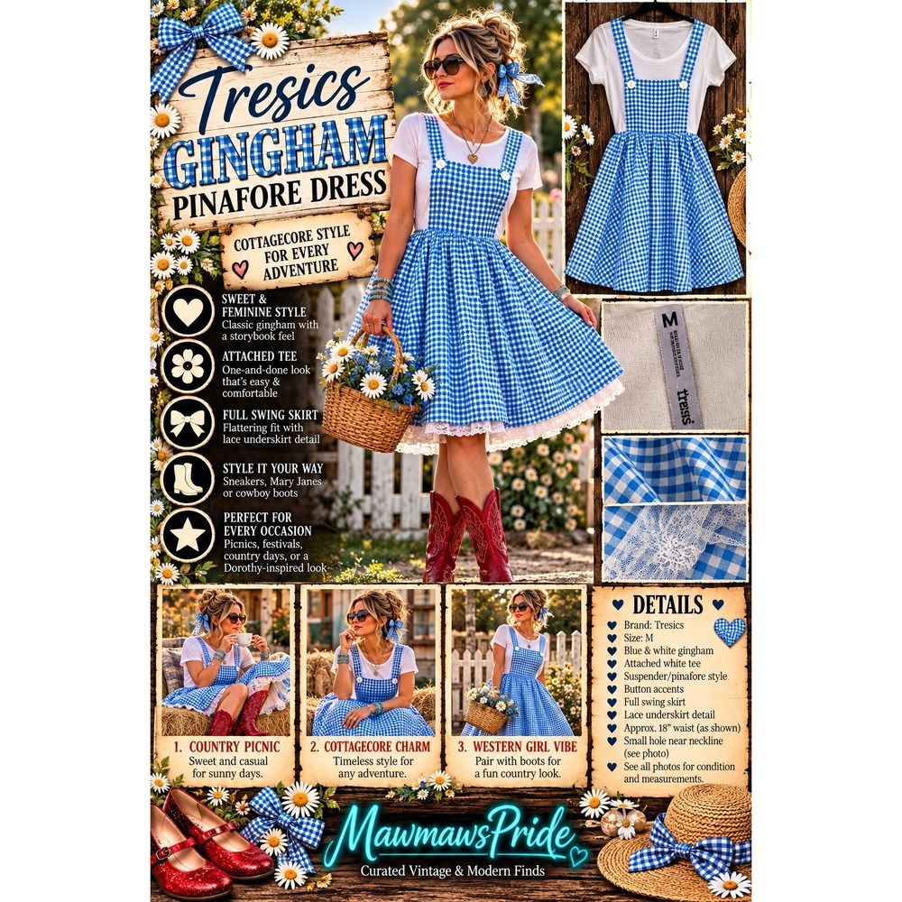 Tresics Gingham Pinafore Dress M Blue White Cottagecore Dorothy Prairie